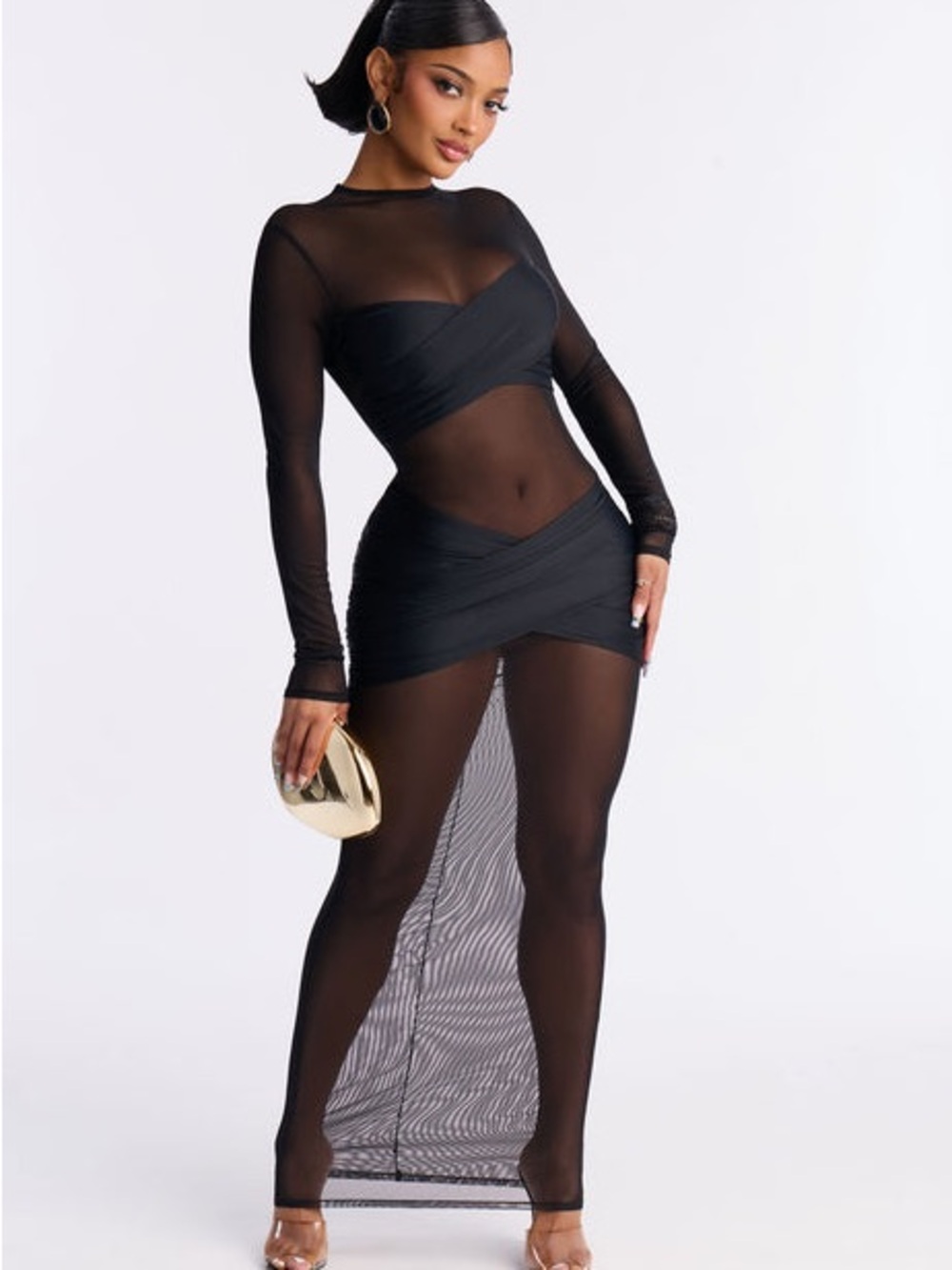 Fashion Nova Black Sheer Long-Sleeve Mesh Maxi Dress